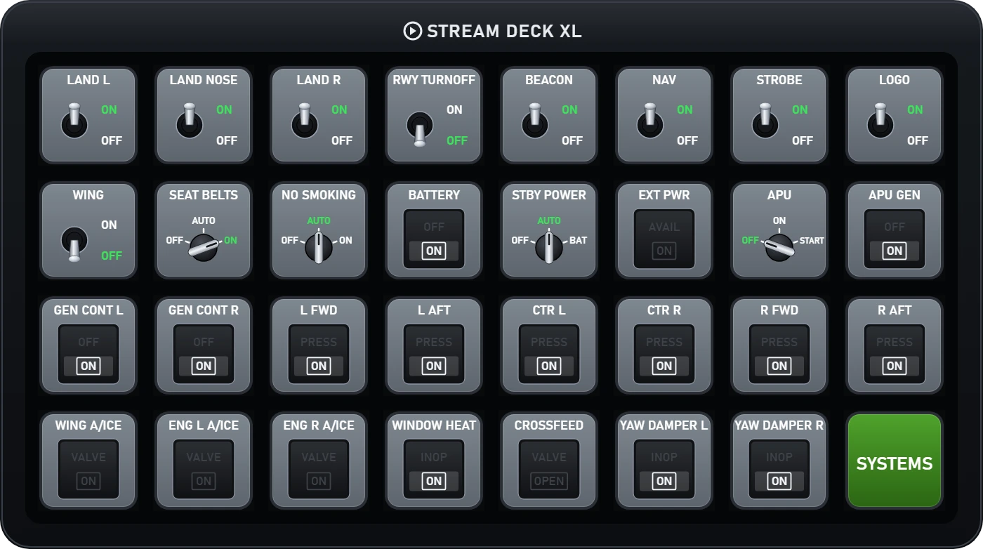 BlueBird 757 deck, Stream Deck XL · Overhead