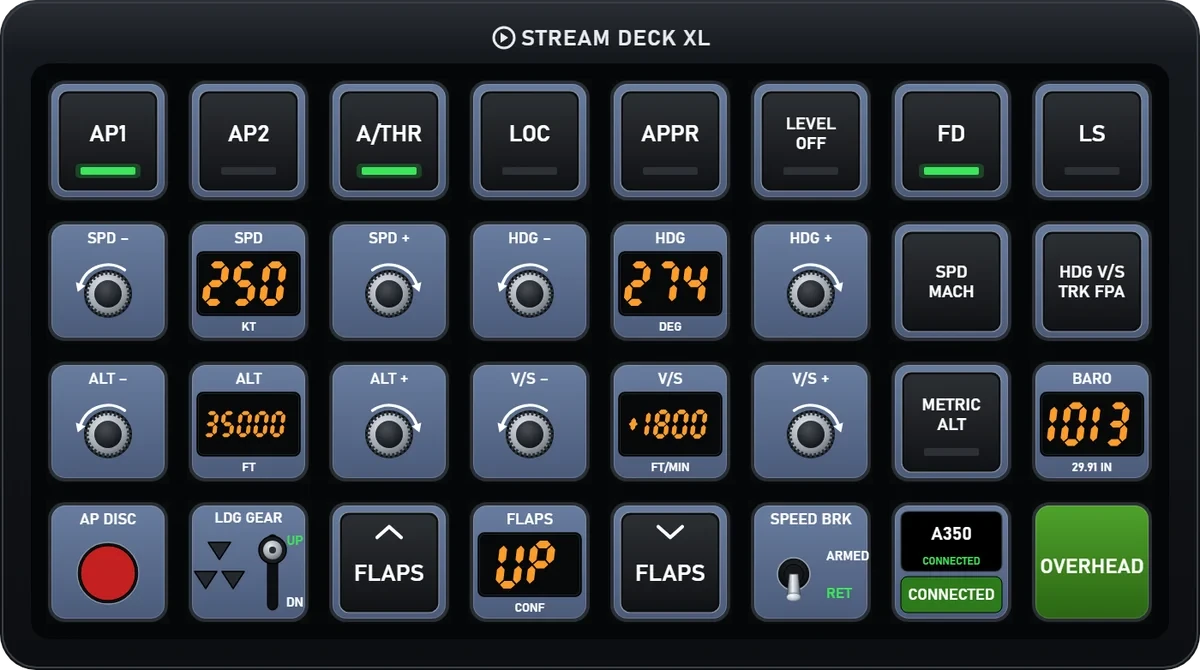 A350 deck, Stream Deck XL · Flight