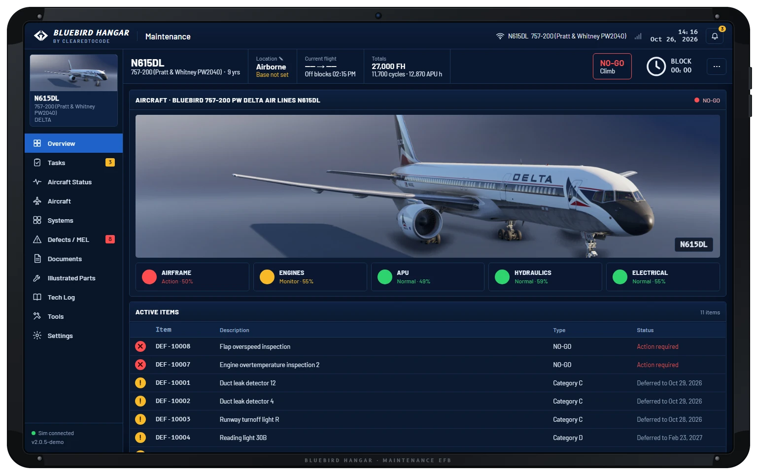 BlueBird Hangar overview page